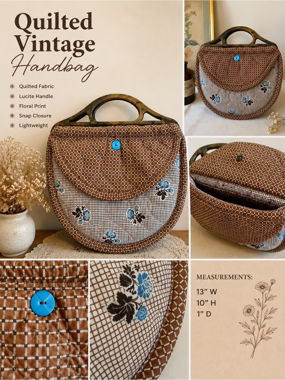 Vintage Handmade Quilted Handbag Lucite Handle Brown Floral  Purse Cottagecore
